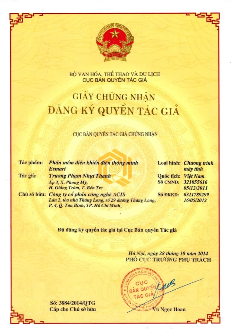 Giấy Chứng Nhận Đăng Ký Quyền Tác Giả — Phần Mềm Esmart